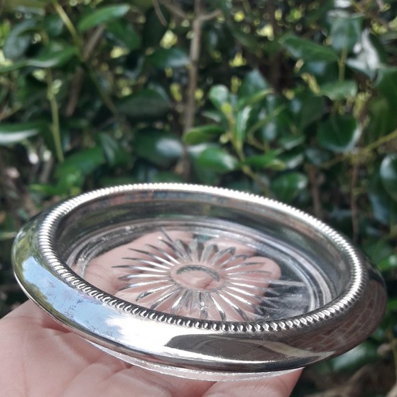 Glass Silver Plated Coasters Vintage Coaster Set Crystal Starburst New in Box - Picture 11 of 16